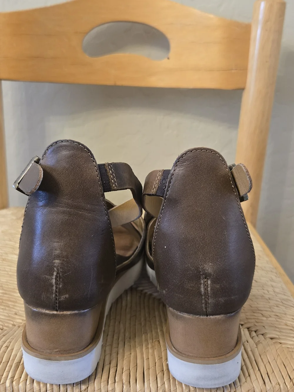 Diba Brown Leather Strappy Wedge Sandals with White Sole, Sz 8.5
